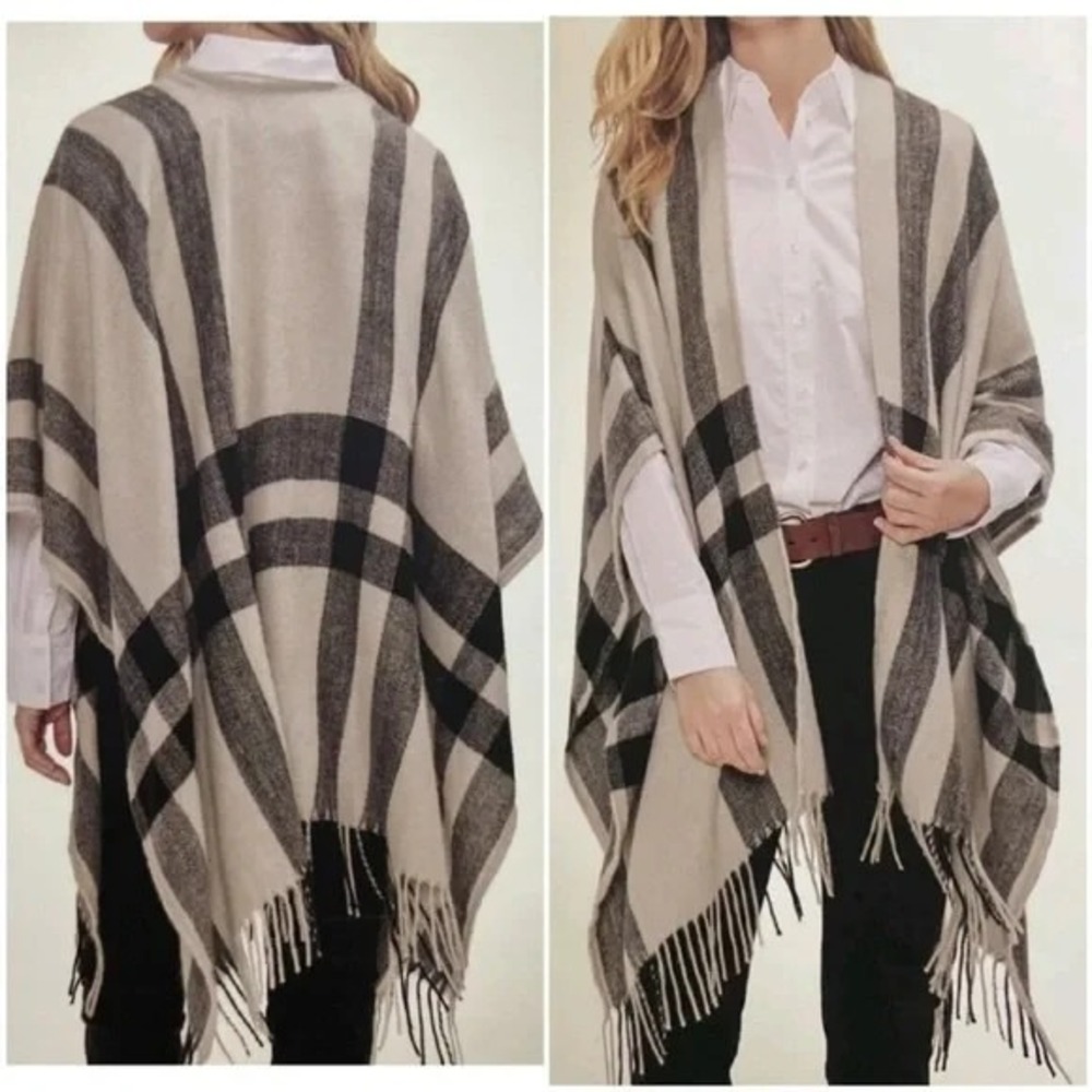 Banana Republic Cashmere Blend Plaid Wrap One Size NWT Fringe Shawl Scarf Luxe